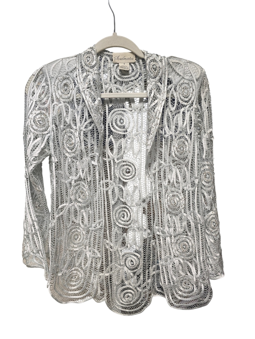 100% Silk Soulmates Delicate Silver Lace Open Cardigan Sz. S